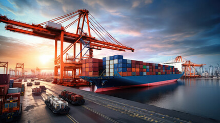 Wall Mural - Logistics and transportation of Container Cargo ship and Cargo plane with working crane bridge in shipyard at sunrise, logistic import export and transport industry background, Aerial view from drone