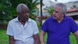 © Marco - Two diverse senior friends sharing moment of camaraderie sitting on park bench, older caucasian friend putting hand over African American colelague shoulder in conversation