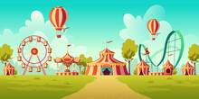 Carnival Funfair, Amusement Park With Circus Tent, Roller Coaster, Carousel And Ferris Wheel. Vector Cartoon Illustration Of Summer Landscape With Attractions And Balloons