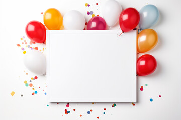 Sticker - birthday elegant greeting card with color balloons and confetti, blank white frame