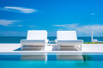 Infinity pool with chairs With a view of the sea blue clear sunny sky