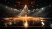 Empty Basketball Arena, Stadium, Sports Ground With Flashlights And Fan Sits. Ai Generated Art