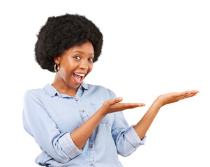 Poster - Pointing, hands and portrait of a black woman with promotion, menu or choice of option on transparent, isolated or png background. Gesture, smile and African female model to show presentation of info