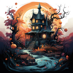 A futuristic and sci-fi inspired halloween haunted house t-shirt design featuring a haunted house in a distant alien landscape, Generative Ai