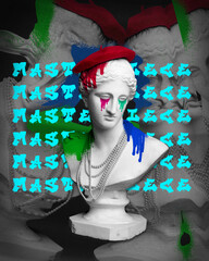 Contemporary art collage of splattered with paint antique statue bust in beret in pearl necklace over inscription background.