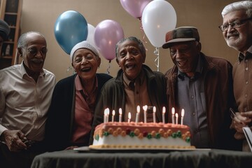 Wall Mural - Group of seniors celebrating a birthday in a nursing home