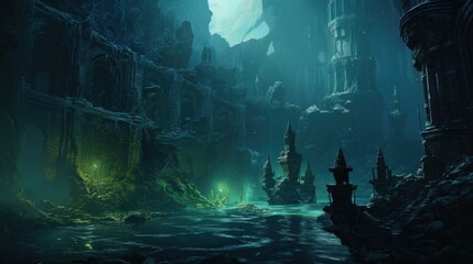 Wall Mural - Coral City Ruins, Illustrate the remains of an ancient city submerged beneath the ocean game art