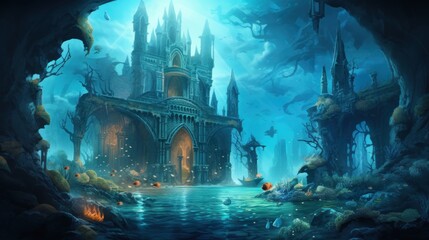 Wall Mural - Coral City Ruins, Illustrate the remains of an ancient city submerged beneath the ocean game art