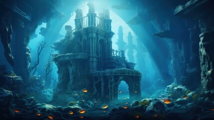 Wall Mural - Coral City Ruins, Illustrate the remains of an ancient city submerged beneath the ocean game art