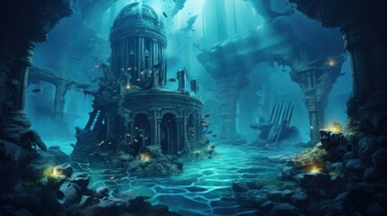 Wall Mural - Coral City Ruins, Illustrate the remains of an ancient city submerged beneath the ocean game art