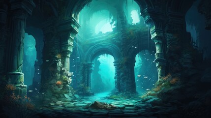 Wall Mural - Coral City Ruins, Illustrate the remains of an ancient city submerged beneath the ocean game art