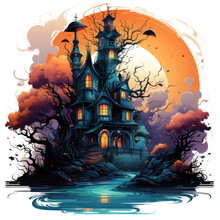 A Futuristic And Sci-fi Inspired Halloween Haunted House T-shirt Design Featuring A Haunted House In A Distant Alien Landscape, Generative Ai
