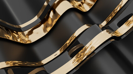Wall Mural - 3d Abstract black and golden ribbons or lines. 3d rendering