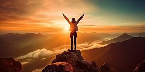 Successful women have attained peaks of personal growth and development. Woman on top of the mountain with arms open to a welcoming new day with sunrise success. ai generated