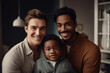 © Baba Images - Young male couple and their adopted child at home