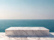 white marble podium with ocean sky background created with Generative AI technology