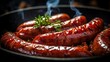 Generative AI, Grilled sausages on a plate, dark background, barbeque food