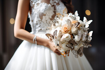 a bride in a white dress holds a wedding bouquet with live butterflies in her hands. Generative AI