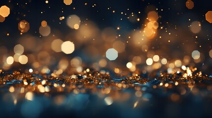 Wall Mural - christmas golden light shine particles bokeh on navy blue background. holiday concept. abstract back