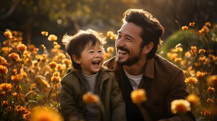 Happy father and son playing in the yellow flower field at sunset. Happiness, laughing and family love of a dad and kid in a park enjoying nature hugging with care and a smile.