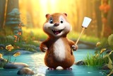 Fototapeta Dziecięca - Funny hamster with a broom in the forest. 3d rendering
