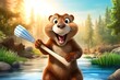 Cartoon character beaver. Beaver with a brush in his paw. 3d render

