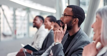 Poster - Business people, meeting and listening to presentation, workshop or conference at the office. Happy group of employees, businessman or audience in team training for company goals, mission or startup
