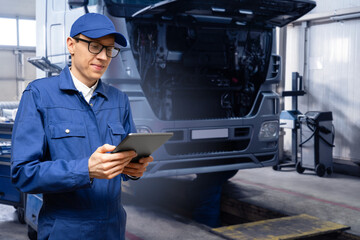 Poster - Serviceman with digital tablet on the background of the truck in the garage.