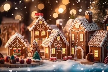 Christmas gingerbread houses on wooden table with bokeh background.. Pastries in the form of houses. Festive scene with holiday pastries. Christmas and New Year background.