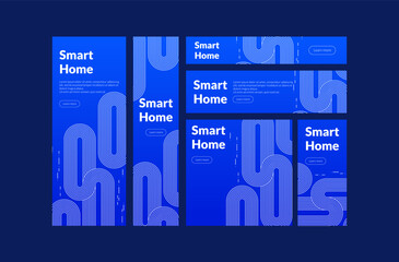 Wall Mural - Linear white lines forming a smart home themed banner with fingerprint security and technology network motifs symbolizing technological automation concepts in an abstract digital blue background