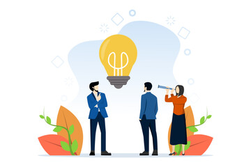 team work concept to generate idea with light lamp symbol. Group of people brainstorming new idea, creative team with raised hands thinking about solution for business. Modern UI flat illustration.