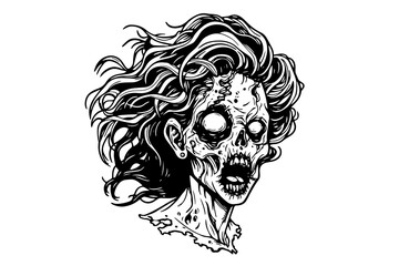 Wall Mural - Zombie head or face ink sketch. Walking dead hand drawing vector illustration.