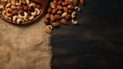 Poster -  a wooden bowl filled with nuts on top of a table.  generative ai