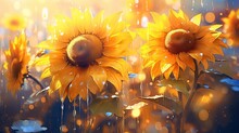  Two Sunflowers In The Rain With Drops Of Water.  Generative Ai