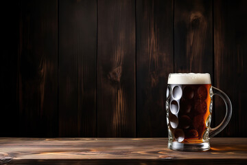 Wall Mural - beer mug on wooden table with wooden background, ai generated