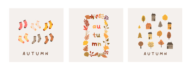 Wall Mural - Fall autumn mood greeting card poster template. Welcome autumn season thanksgiving invitation. Minimalist postcard september leaves, trees, cozy houses. Vector illustration in flat cartoon style