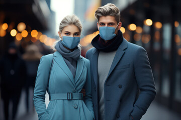 Poster - man and woman wearing hygienic masks in the city. isolation and security concept, virus disease prev