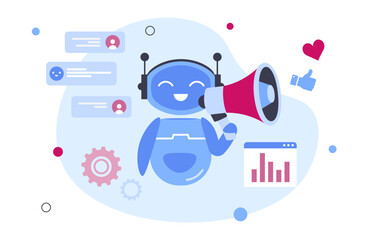 Poster - chatbot marketing concept. artificial intelligence and machine learning. promotion on internet, soci