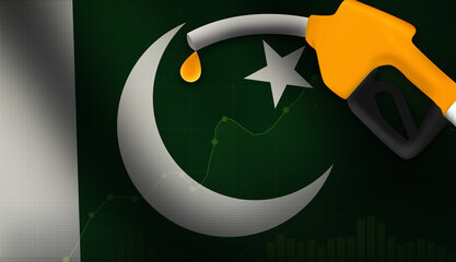 Poster - Petrol Prices in Pakistan concept background with waving flag and gasoline nozzle. Oil and gas prices concept backdrop