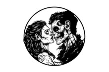 Zombie Couple Boy And Girl Ink Sketch. Walking Dead Match Hand Drawing Vector Illustration.