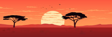 Africa. Beautiful African Landscape At Sunset. Safari. Vector Illustration. Beautiful Landscape For Printing.