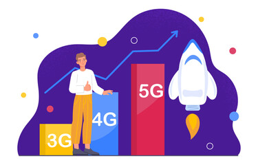 Poster - Internet technology 5g concept. Man near colorful pillars next to rocket. Modern technologies and innovations. Online mobile wireless fast connection. Cartoon flat vector illustration