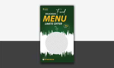 Wall Mural - Food instagram story post template design. Suitable for Social Media Post Restaurant and culinary Promotion. Set of Editable sale banners with green background color with stripe line shape vector.