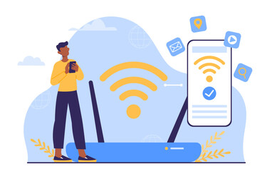 Poster - Man joining WiFi concept. Young guy near router. Character with wireless connection. Modern technologies and innovations. Online application or smartphone. Cartoon flat vector illustration
