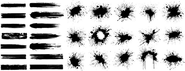 Poster - Set of splashes, blots. Black inked splatter dirt stain splattered spray splash with drops blots isolated. Inky blots in urban street style, blobs or stripes. Isolated vector illustration
