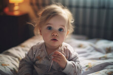 Precious Moment, A Baby Girl Sits On A Bed, Her Finger Gently Resting On Her Lips As She Gazes With Innocence And Curiosity