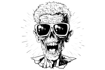 Sticker - Zombie head on sunglasses or face ink sketch. Walking dead hand drawing vector illustration.