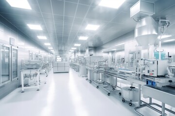 Contemporary drug production workshop interior. Spacy bright sterile room, facility with modern industrial machinery. Manufacturing process: pharmaceutics, semiconductors, biotechnology. 3D rendering.