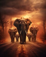 Elephants Walking Down Dusty Road Emit Billowing Dust In Darkness. (Generative AI)