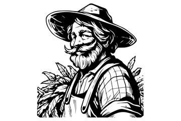 Wall Mural - Happy farmer in hat engraving style. Hand drawn ink sketch. Vector logotype illustration.